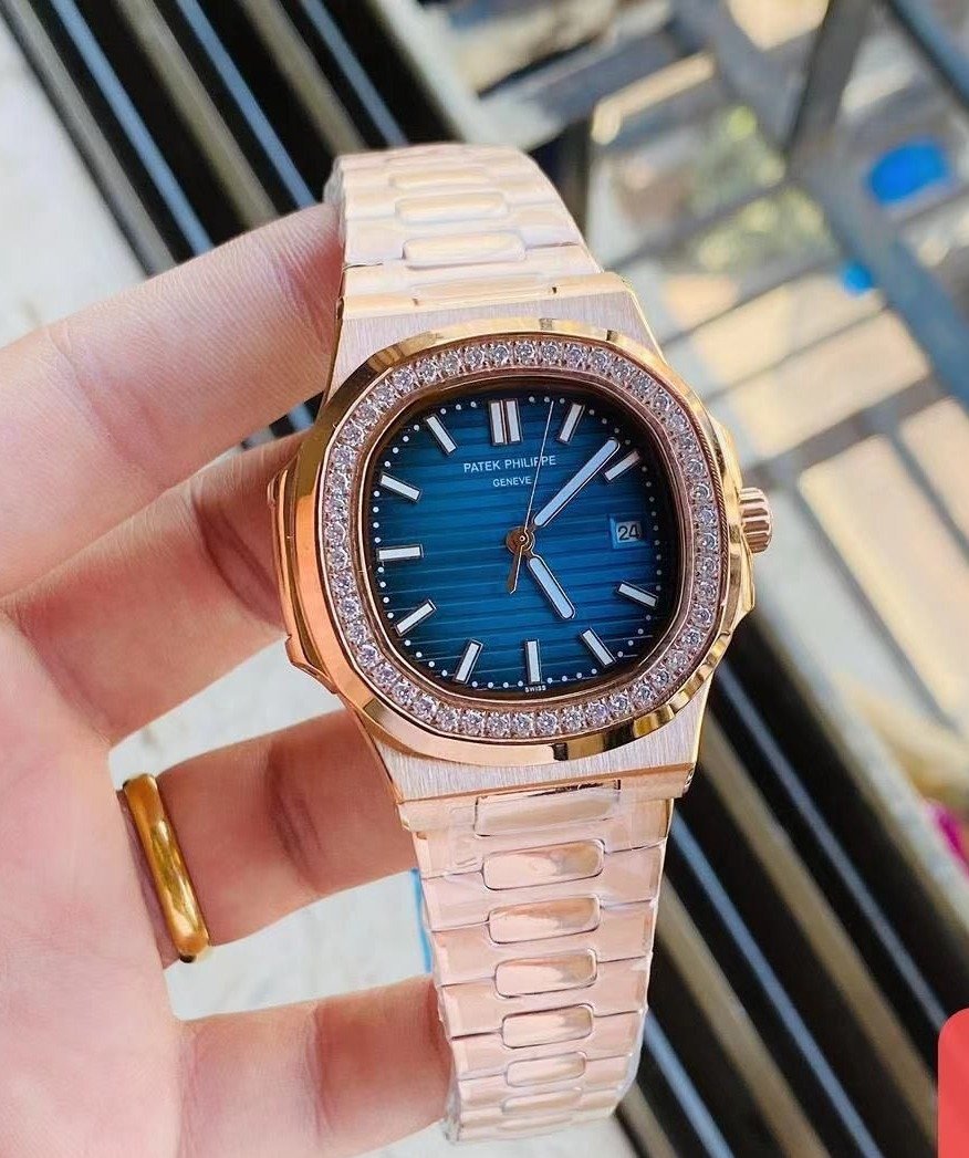 Patek Philippe Nautilus Diamond Bezel Blue Dial Rose Gold Strap Mad Watch Quartz Movement Dated Watch For Men’s-Best Men’s Collection PK-2133