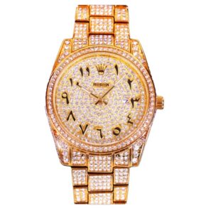 Rolex gold diamond watch for men with arabic numbers and date