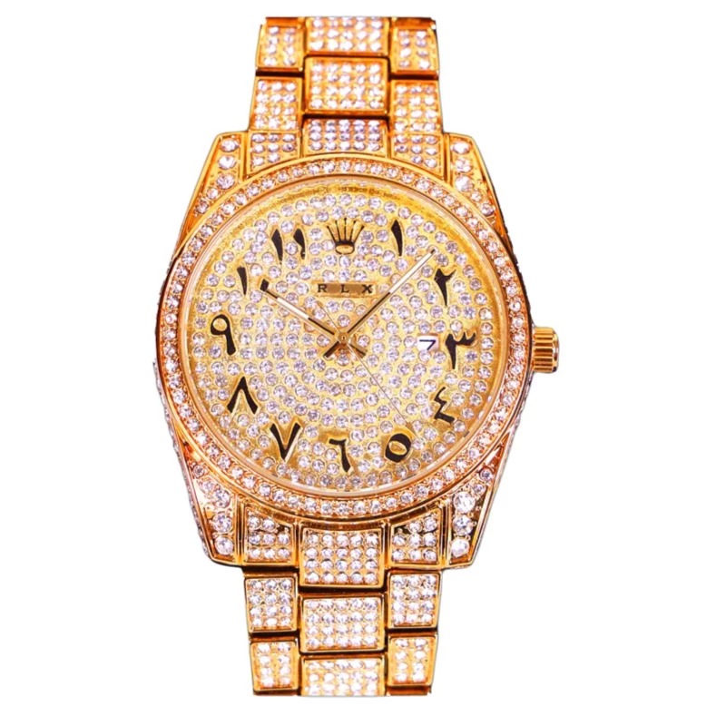 Rolex gold diamond watch for men with arabic numbers and date