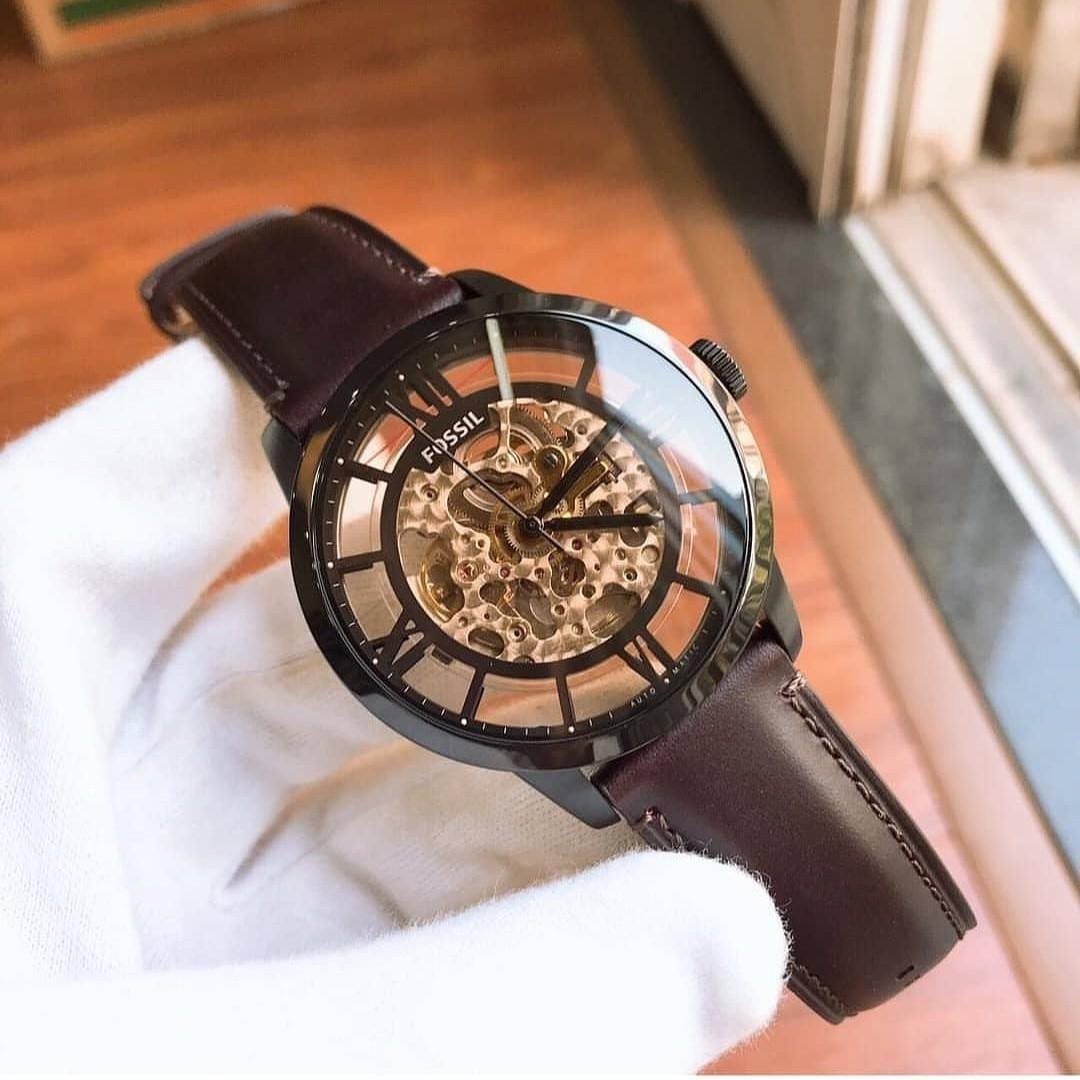 Fossil Townsman Automatic In Black & Transparent Case With Dark Brown Color Strap Watch For Men’s Watch ME-3098 Formal Casual Metal Watch For Man