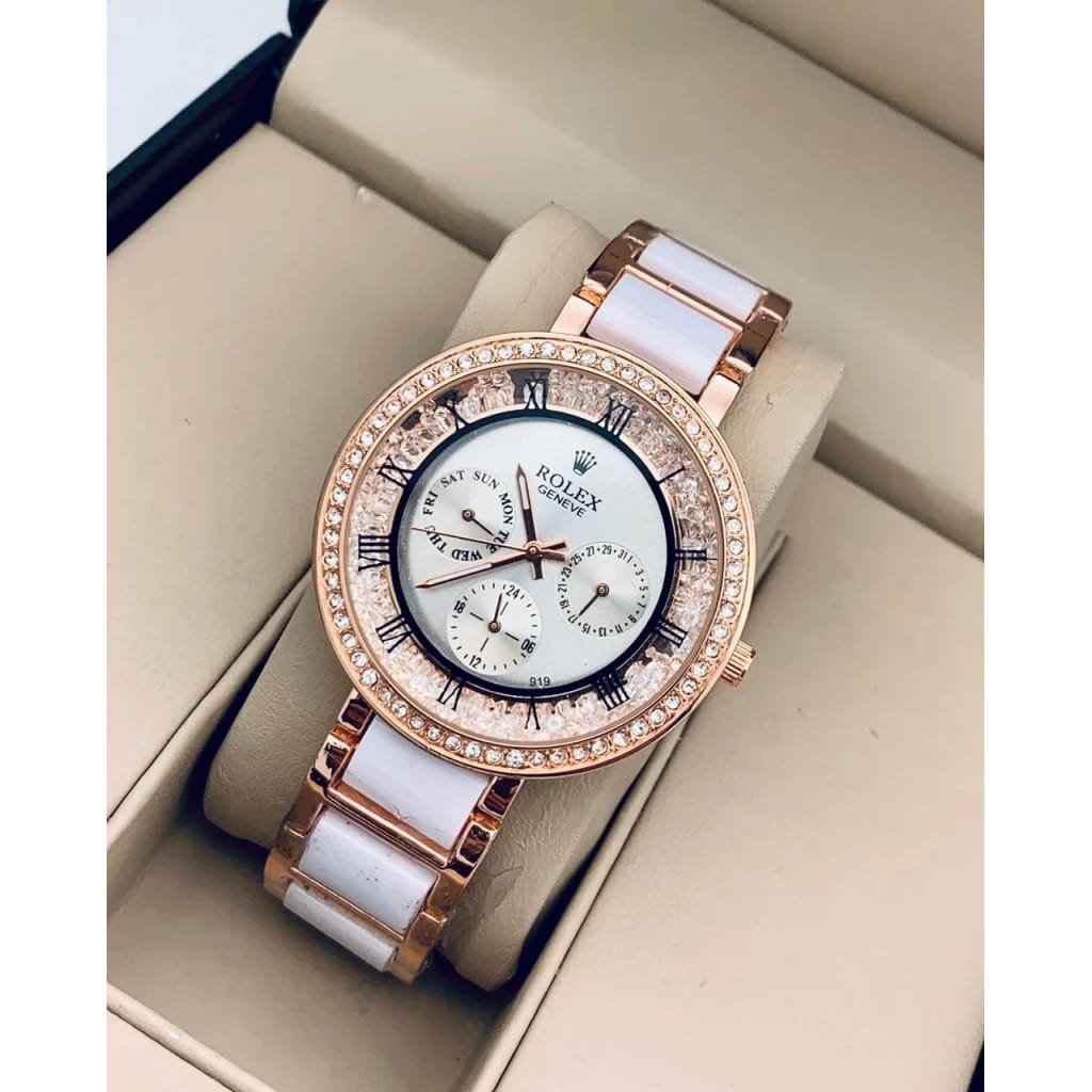 Rolex Two-Tone Strap Women’s Chronograph RLX-250 Watch for Girl or Woman White Dial Diamond Case Best Gift For Women