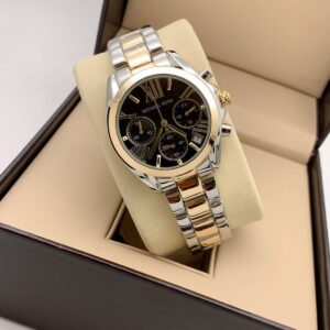 Michael Kors Chronograph Silver And Golden Strap Watch for Girl or Women Black Dial MK-8659