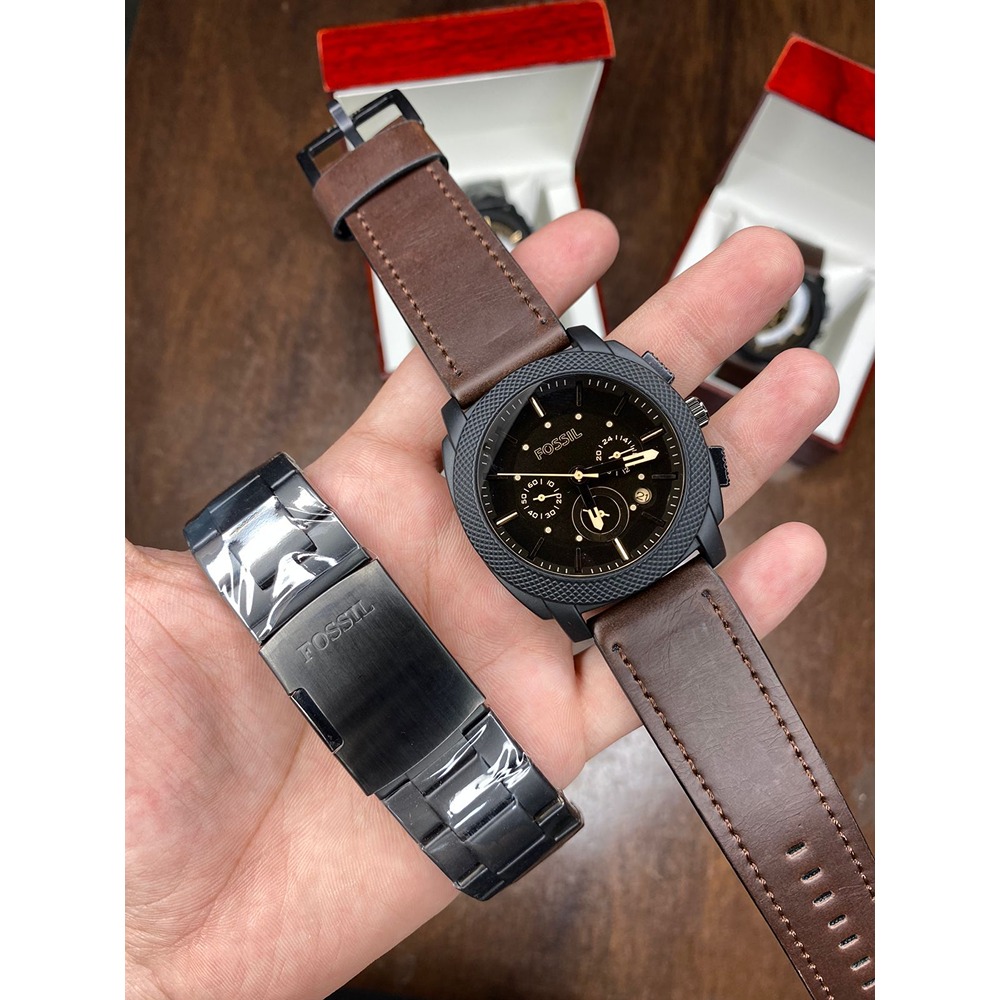 Men’s Fossil Watch Chronograph New Leather Belt With Extra Stainless Steel Chain (SG207)