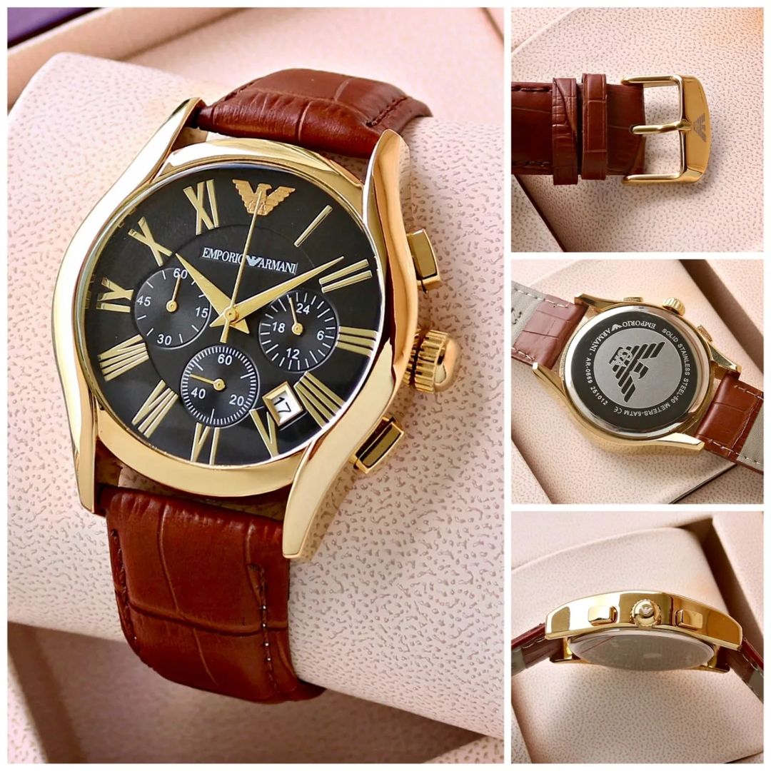 Emporio Armani Leather Stainless Gold Chronograph Working Watch For Men (SG54)
