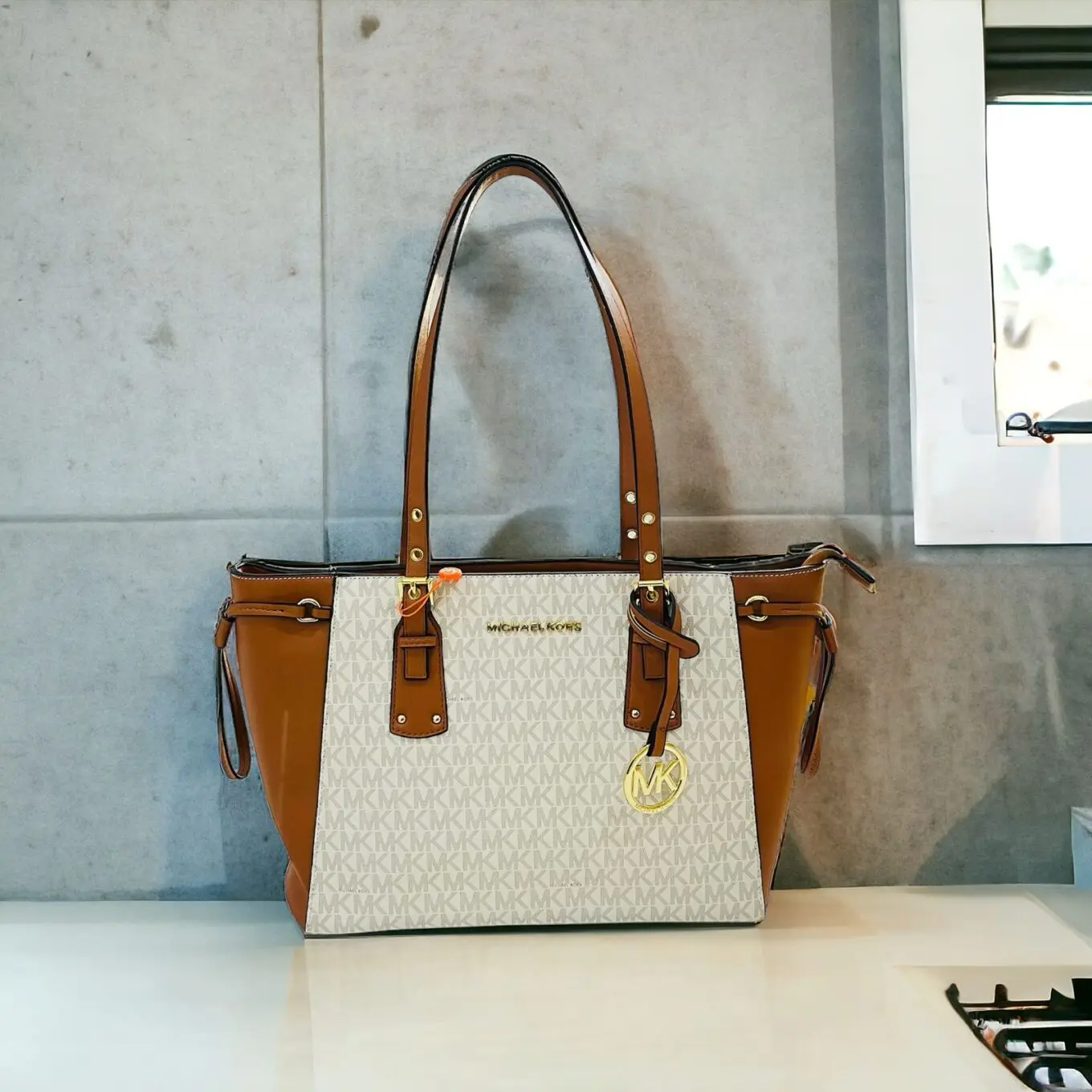 Michael Kors Voyager Beige Brown Monogram Tote Bag