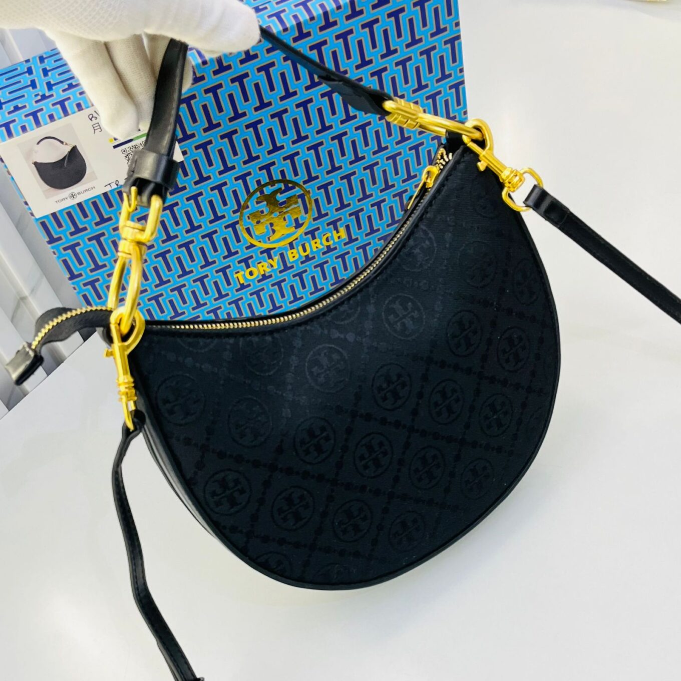 Tory Burch T Monogram Crescent Black Shoulder Bag (With Box)