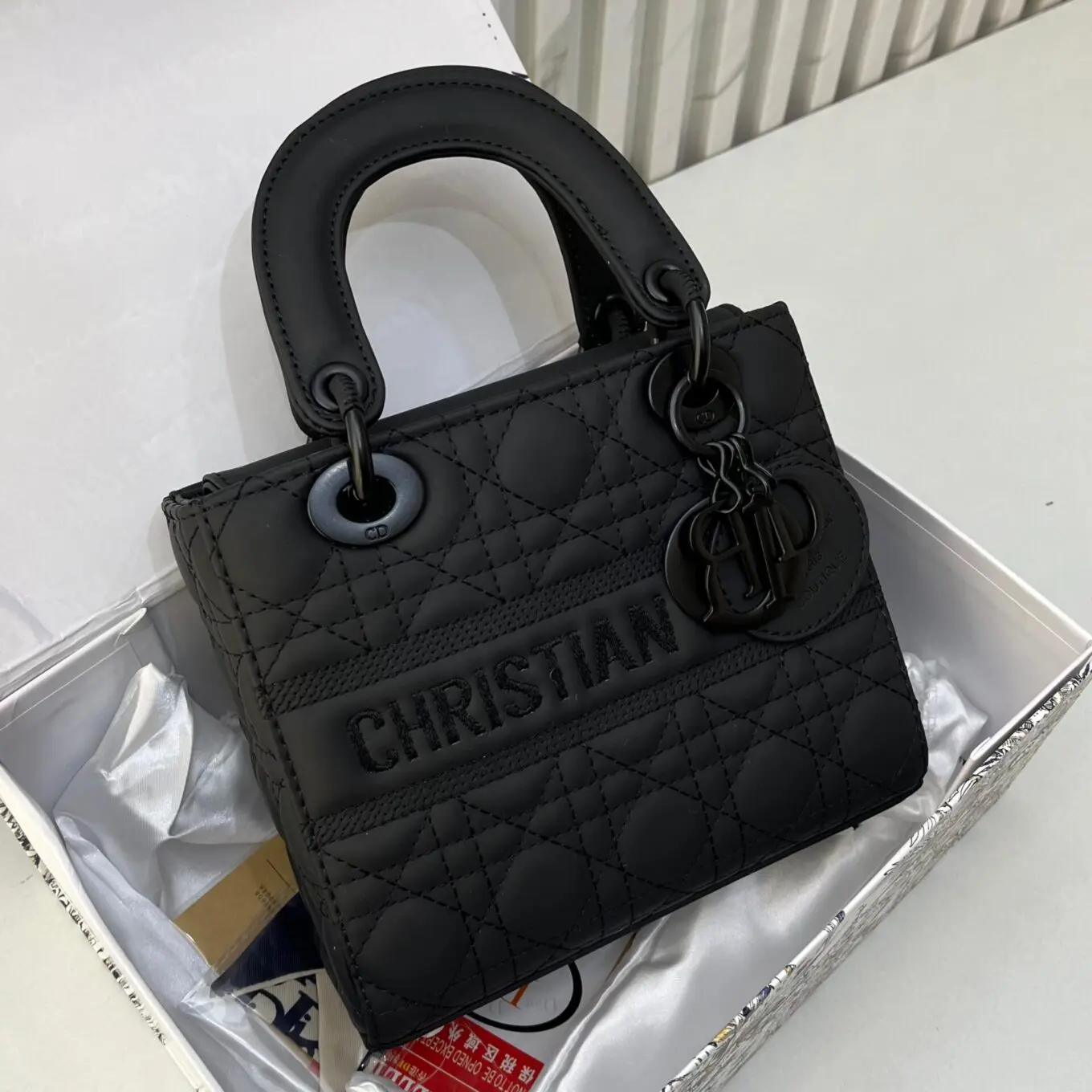 Dior Black Matte Lady Dior Handbag (With Box)