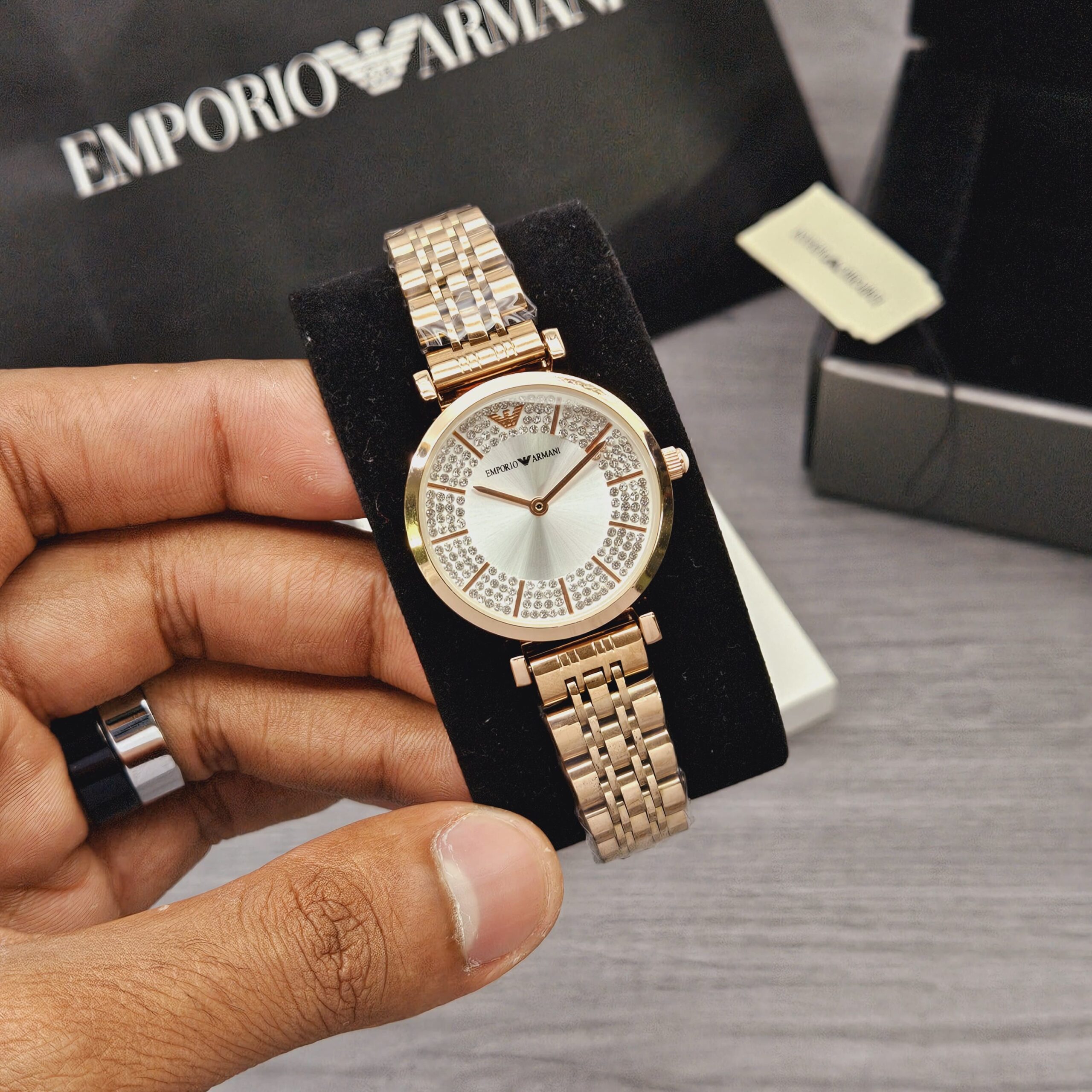 Emporio Armani Women’s Silver Face Watch with Diamond-Crafted Dial