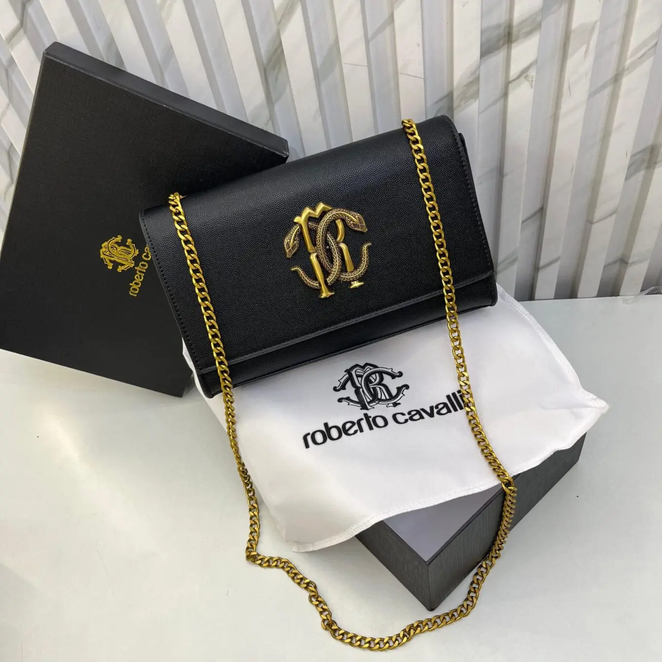 Roberto Cavali Mirror Snake Black Sling Bag (With Box)