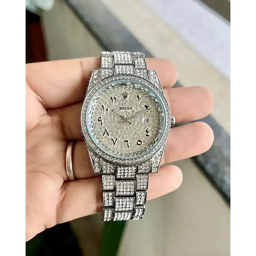 Buy Classy Rolex Arabic Silver Diamond Watch For Men (SHH04699)