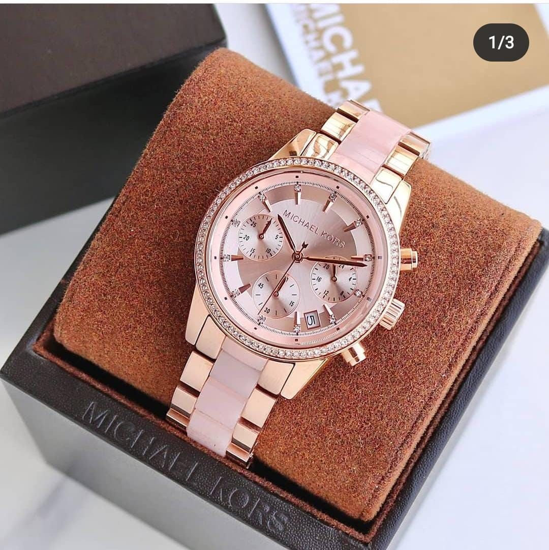 Michael Kors Rose Gold Multicolour Strap Tone Stainless Steel Chronograph Women’s Watch For Girl Or Woman MK-6307 Best Gift Watch