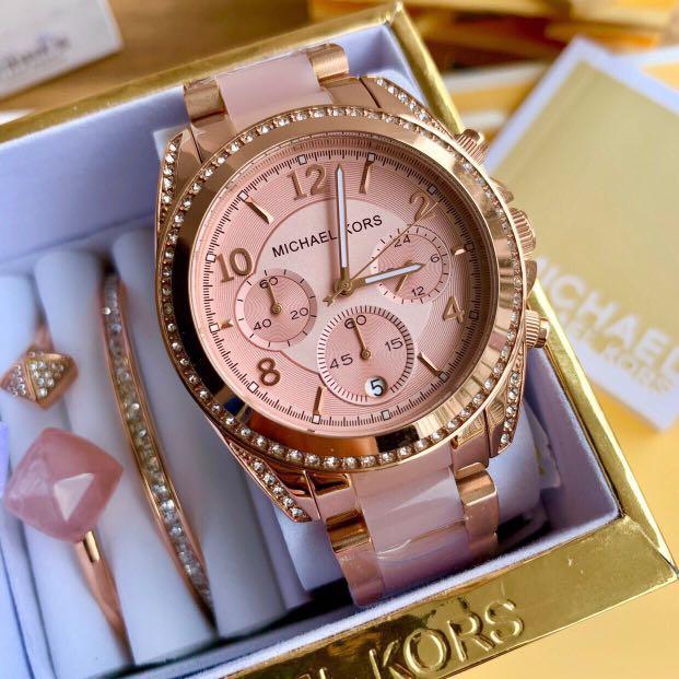 Micheal Kors Chosmogragh Watch With Rose Gold Metal Case & Pink Dial Dated Multicolor Strap Watch For Women’s Design For Girl Or Woman Best Gift Date Watch- MK-5943