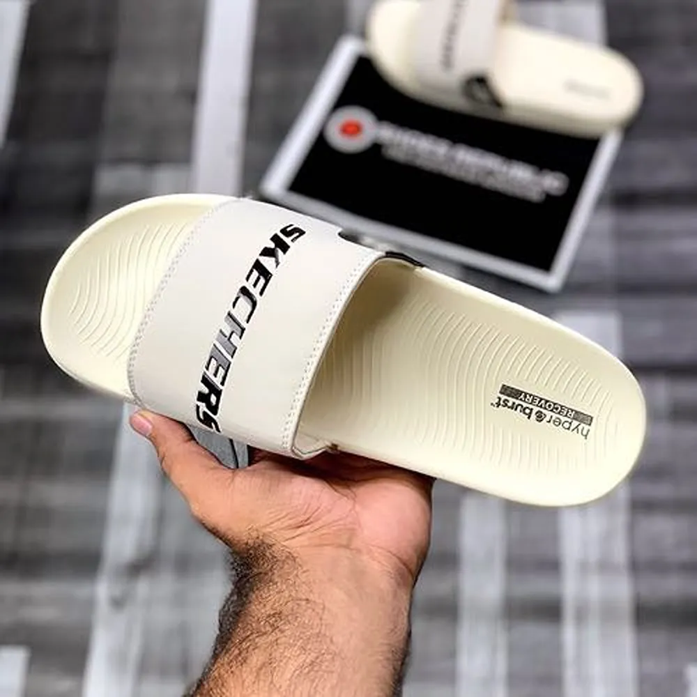 Luxurious Skechers Hyperburst Recovery Logo Cream Slide For Men (SIG736)