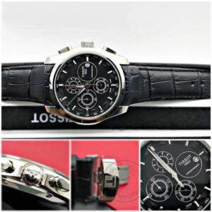 Stylish Tissot Chronograph Black Leather Men’s Watch Silver Black