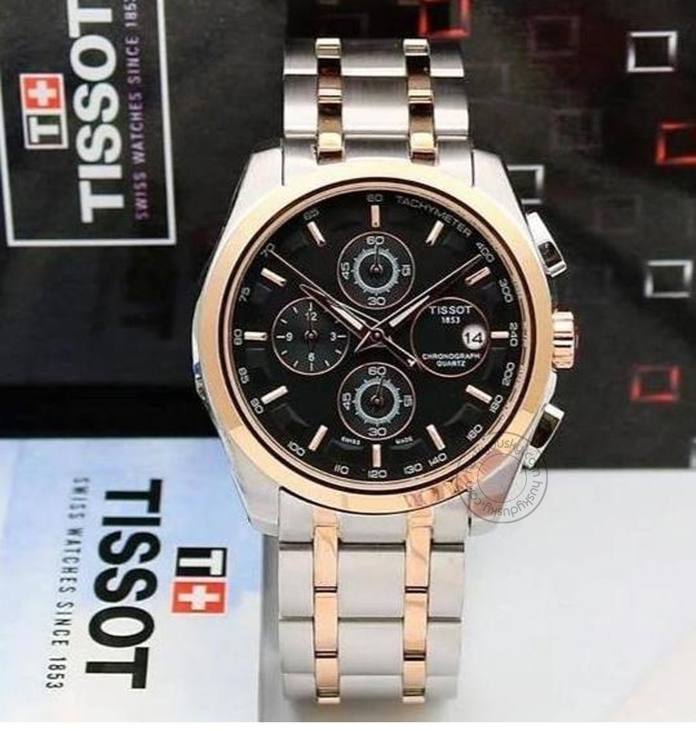 Tissot Chronograph Dual Tone Men’s Watch for Man TS 321SG GB Silver Rose Gold Black Dial 1853 Gift