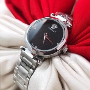 Versace Silver Color Steel Strap New Stylish Branded Women’s Watch For Women And Girls Black Dial Ver-911