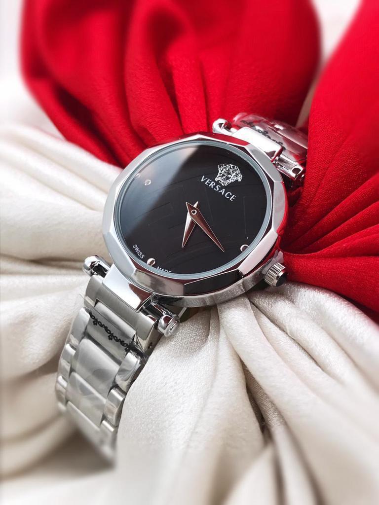 Versace Silver Color Steel Strap New Stylish Branded Women’s Watch For Women And Girls Black Dial Ver-911